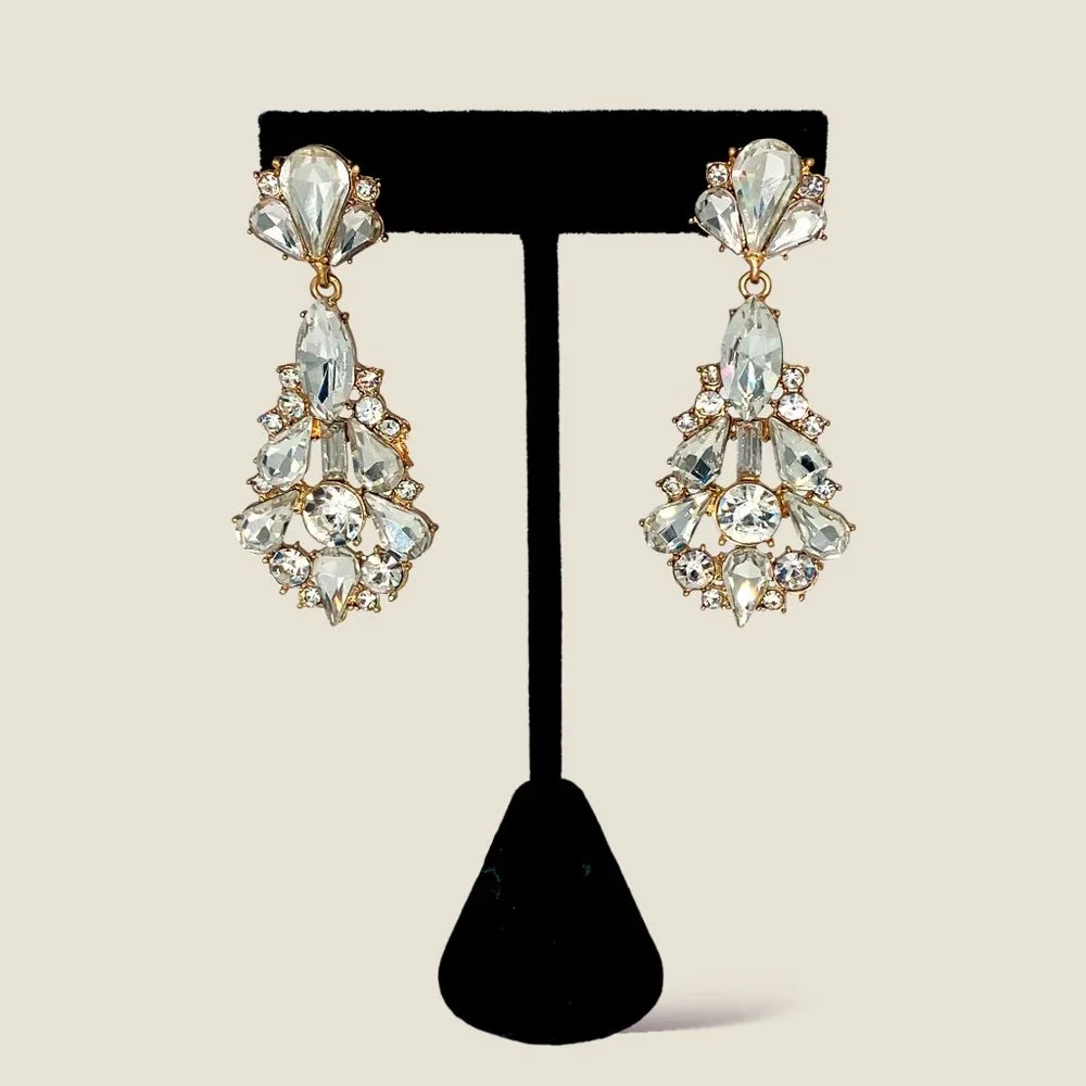 NEW Badgley Mischka Gold Crystal Drop Bridal Dangle Earrings Art Deco Chunky - Picture 4 of 6
